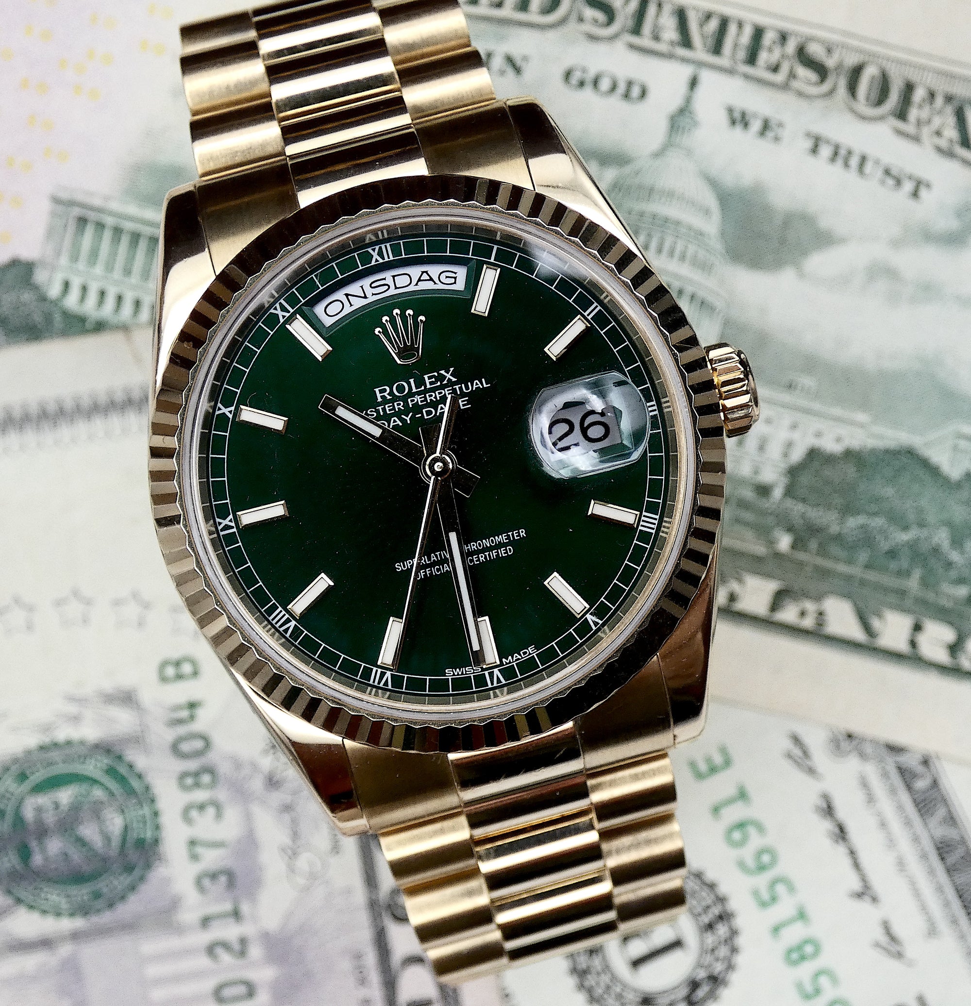 SOLD 118238 Rolex Day-Date &quot;President&quot; Money Green Full Set mint