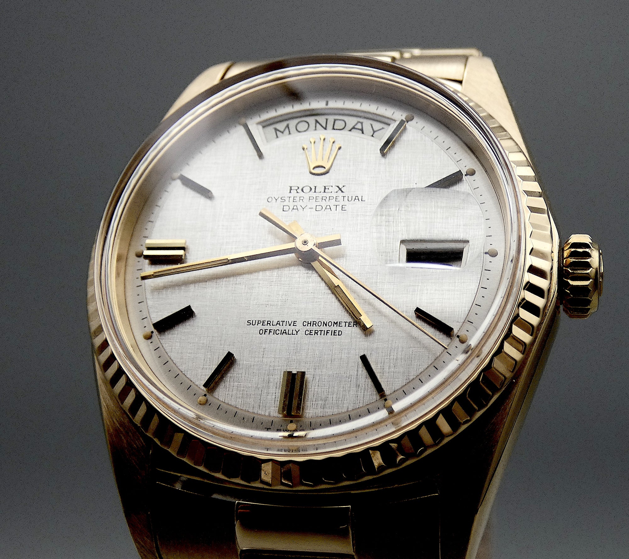 SOLD Rolex Day-Date with papers / Pie Pan Linen dial / warranty / serviced