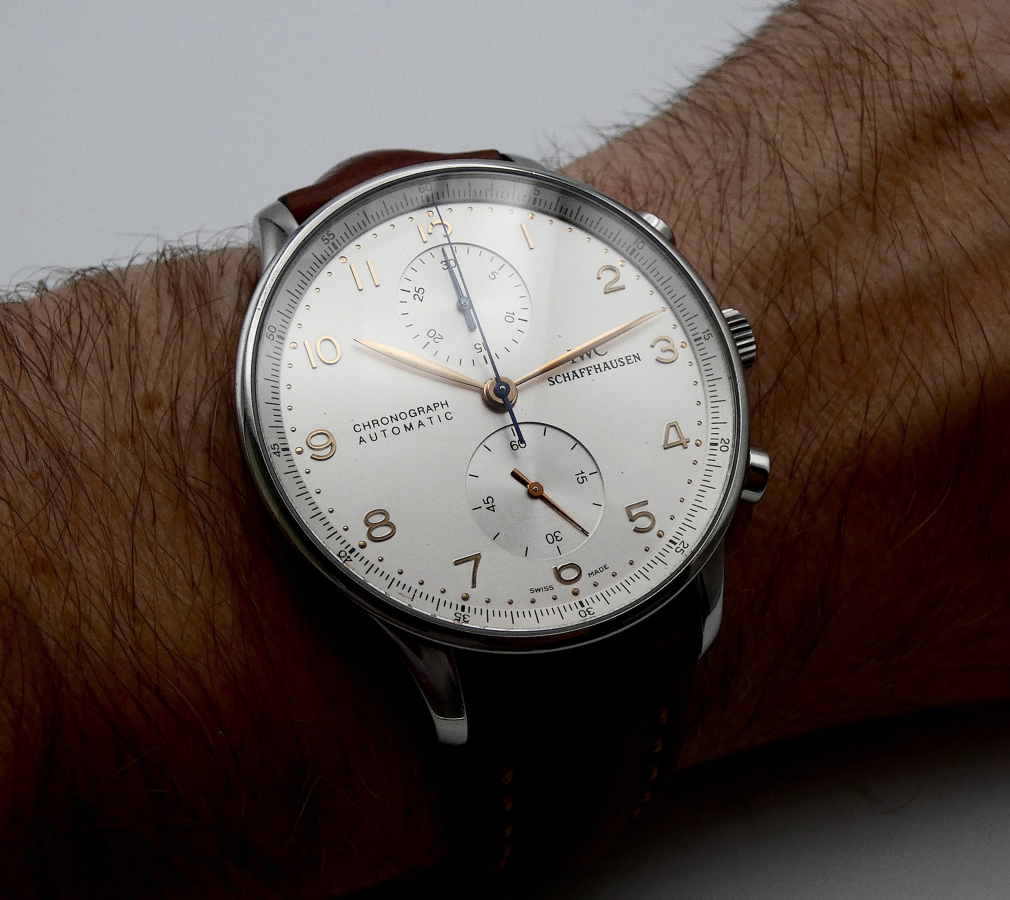 SOLD Portuguese Chronograph SS Silver Dial / Gold Numerals