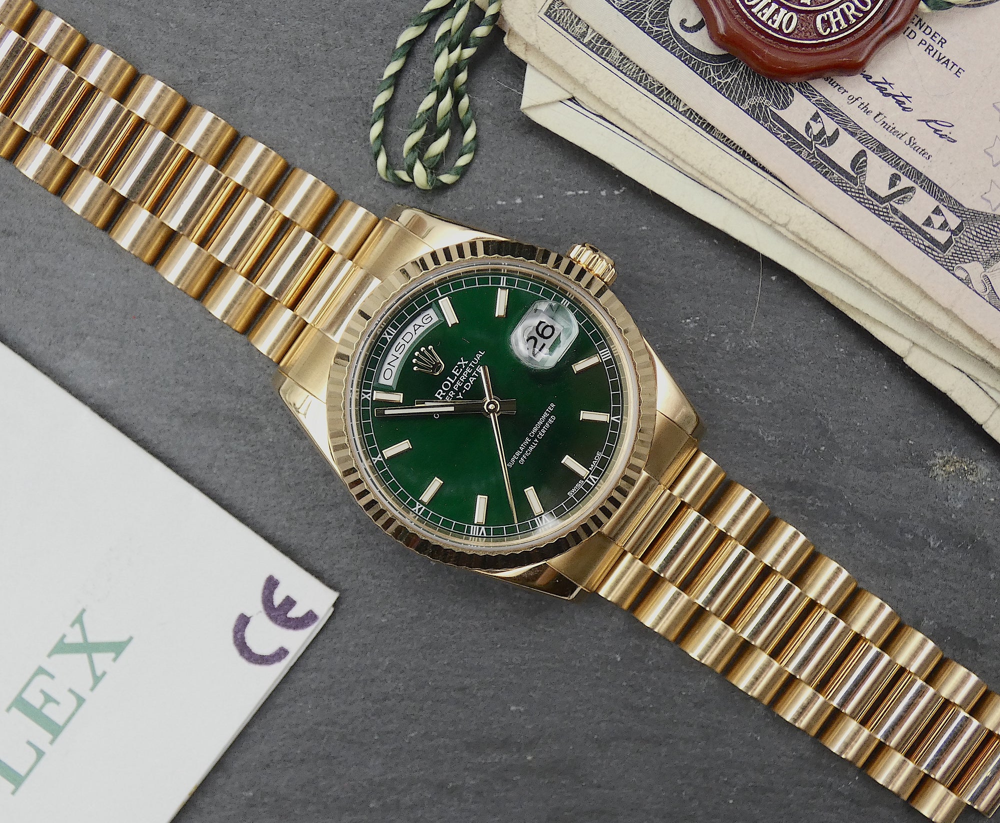 SOLD 118238 Rolex Day-Date &quot;President&quot; Money Green Full Set mint